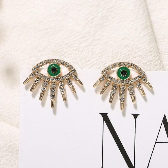 2/$20! Gold Crystal Pave Evil Eye Stud Earrings - Picture 3 of 14
